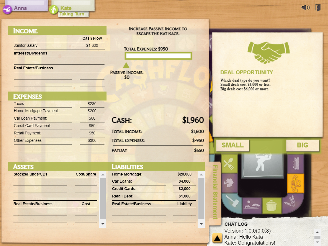 Financial Statement im Cashflow-Spiel mit Einnahmen, Ausgaben, Vermögenswerten und Verbindlichkeiten