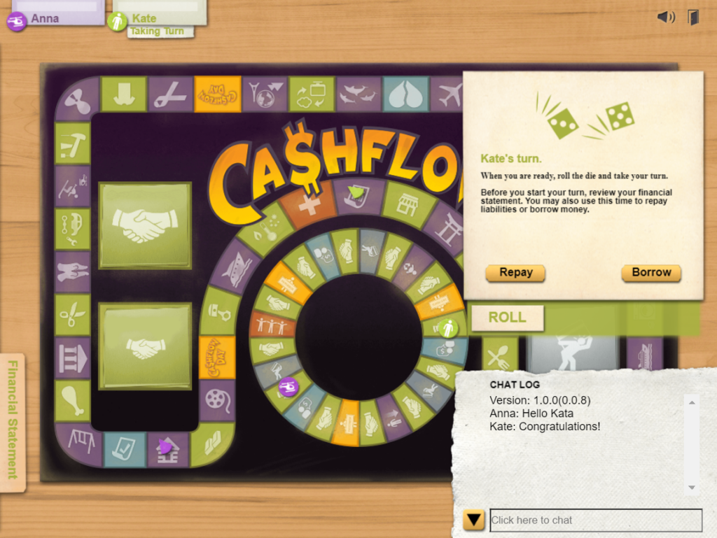 Screenshot des Cashflow-Onlinespiels: das Spielbrett
